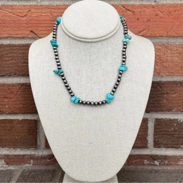 Navajo Style Pearl Necklace with Turquoise Chips - Image 2