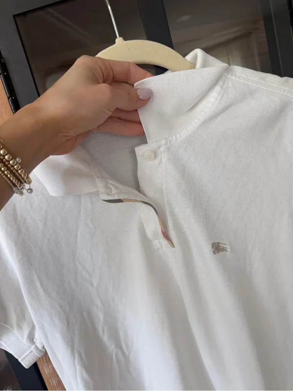 Burberry polo shirt short sleeve top collar cotton plaid trim embroidered logo - Image 4