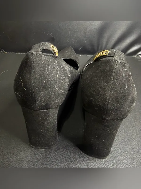 Marc Fisher Black Suede Pointed Toe Pumps with Chain Detail - Image 4