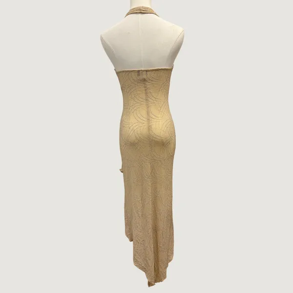 Y2K Anna Bella Gold Silver Glitter Halter Asymmetrical Hem Midi Dress Small Hoco - Image 2