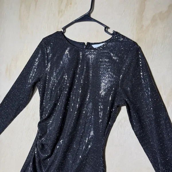 H&M Women's Medium Black Sequin Mini Dress Long Sleeve Ruched Bodycon Party NWT - Image 2