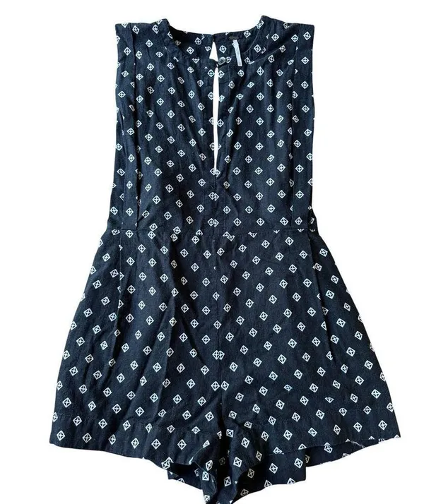 Free People Romper Ashley Black White Diamond Boxy Linen Blend XS - Image 3