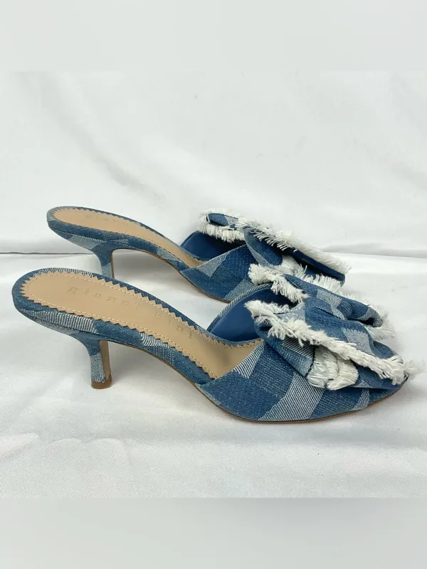 Gianni Bini Wendell Sandals Patchwork Denim Bow Gingham Mule Heels Blue Sz 7.5 - Image 3