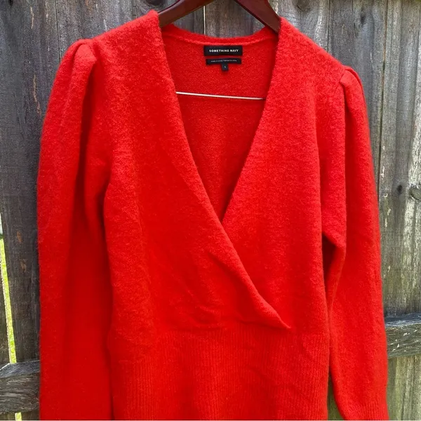 NWT Something Navy Red Alpaca Blend V-neck Puff Sleeve Sweater - Image 6