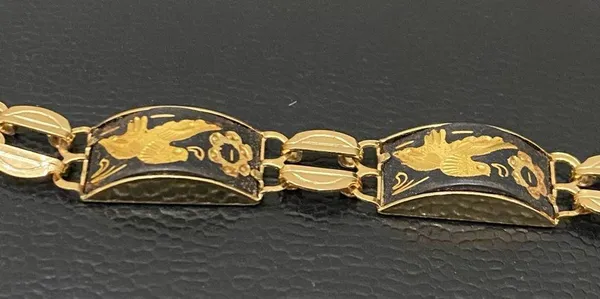 Vintage Damascene Gold-tone Enameled Birds & Flowers Link 8” Bracelet 16.3g - Image 9