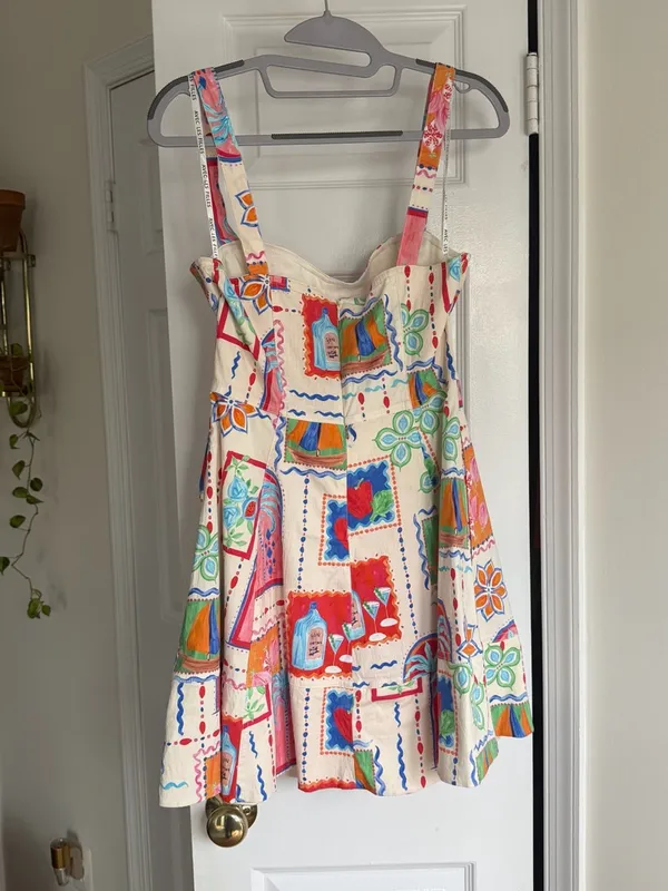 Avec Les Filles Sweetheart Neck Mini Dress Painted Print A-Line Sundress Size 6 - Image 6