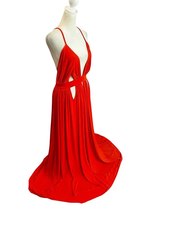 House of CB Ischia Orange Cutout Plunge Backless Maxi Dress M Goddess Resort - Image 3