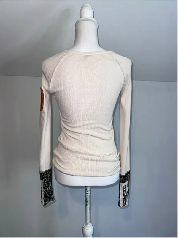 Free People Cream Long Sleeve Thermal Top with Patches XS-S - Image 2