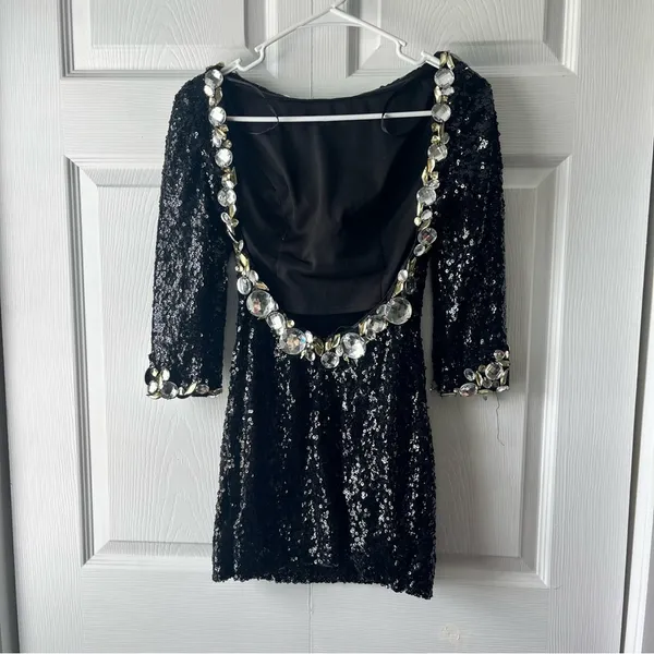 Alyce Paris Black Sequin Open Back Prom Mini Dress Formal Size 0 Flaws - Image 4