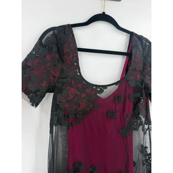 Tracy Reese Mesh Floral Midi Dress S Black Burgundy Gothic Whimsigoth Dark Moody - Image 4