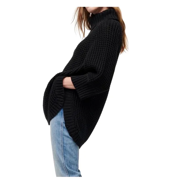 J.Crew Black Turtleneck Button Chunky Knit Poncho Sweater XS Roll‎ Neck Cotton - Image 16