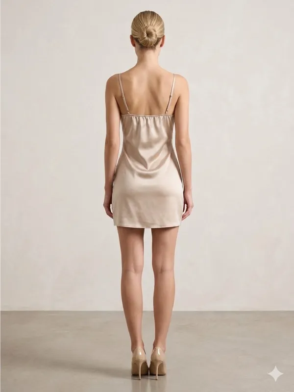 NWT Charmed Hearts Waiting All Night Satin Feather Dress Beige L - Image 4