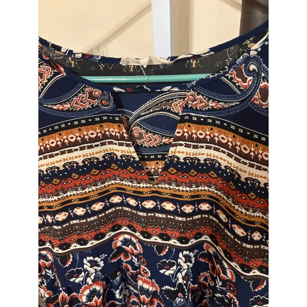 Entro Navy Blue Boho Floral Paisley Bell Sleeve Lace Accent Tunic Top Dress L - Image 2