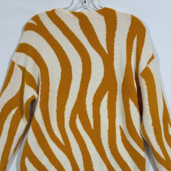 Ann Taylor Womens S Mustard Yellow Cream Zebra Print Fuzzy Crewneck Sweater - Image 8