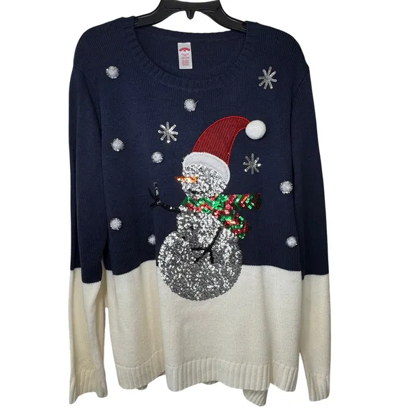 Holiday Time Snowman Sequin Ugly Christmas Sweater Womens 2X 20 Navy‎ White Poms - Image 15