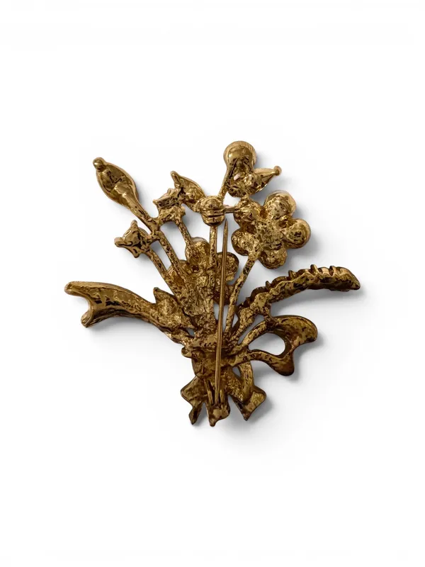 Vintage Gold Tone Floral Bouquet Brooch Faux Pearl Amber Rhinestone Pin - Image 7