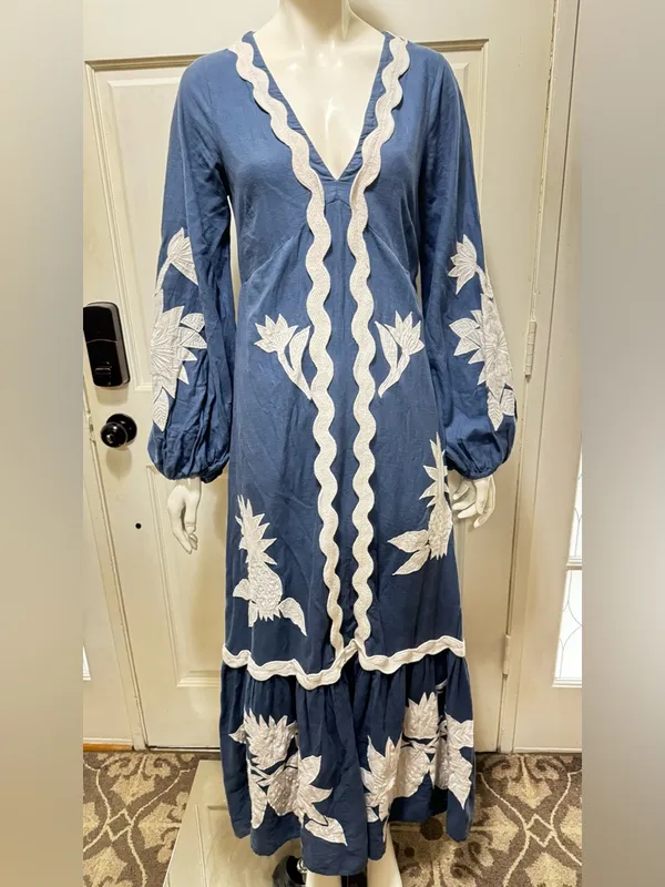 Farm Rio Navy Blue White Floral Embroidery long sleeves Maxi Dress S XS - Image 3