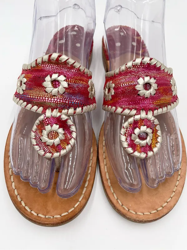 Jack Rogers Navajo Flat Metallic Red Silver Whipstitch Leather Thong Sandals 7 N - Image 4
