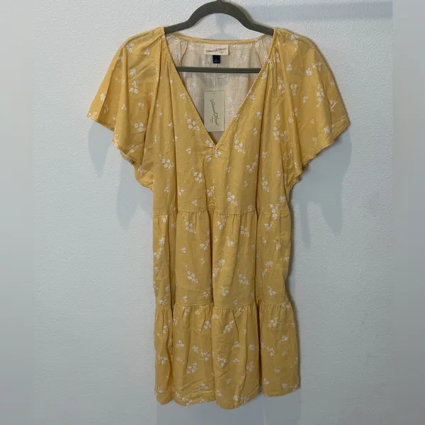 Universal Thread NWT Linen Blend Yellow Floral Flutter Sleeve Mini Dress Pockets - Image 2