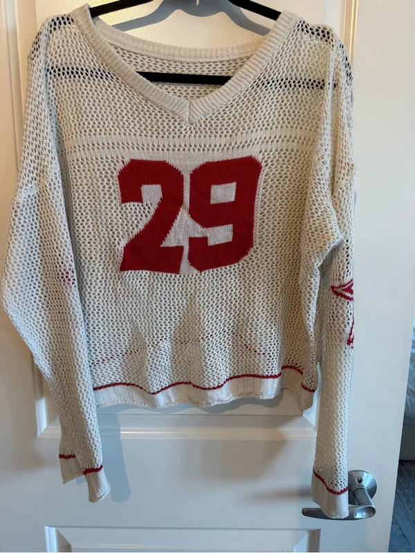 Off-Shoulder Cream Knit Sweater with Red Number Detail - Image 2