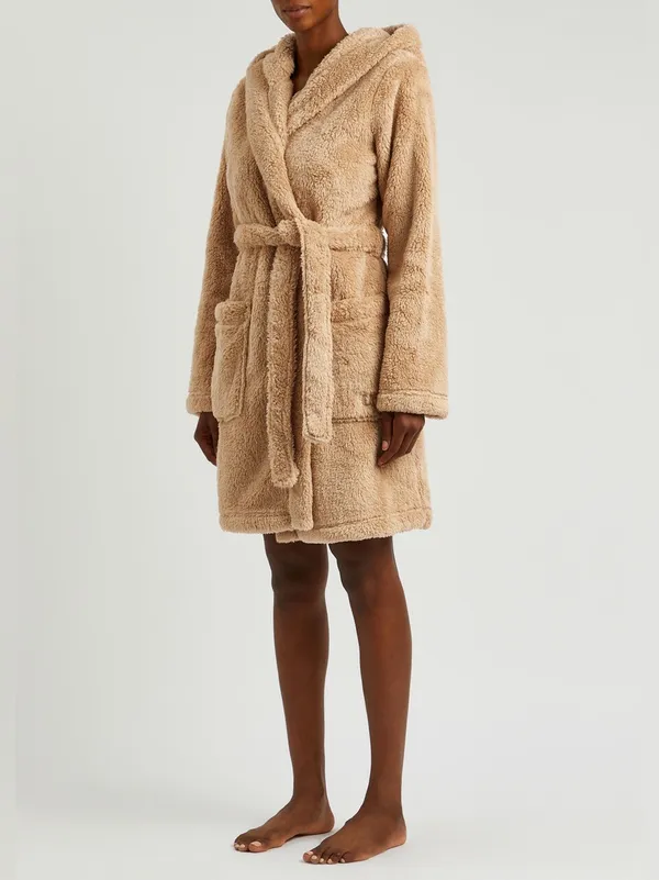 UGG Aarti Hooded Teddy Sherpa Fleece Robe in San Camel Beige NWT Sz. M - Image 7