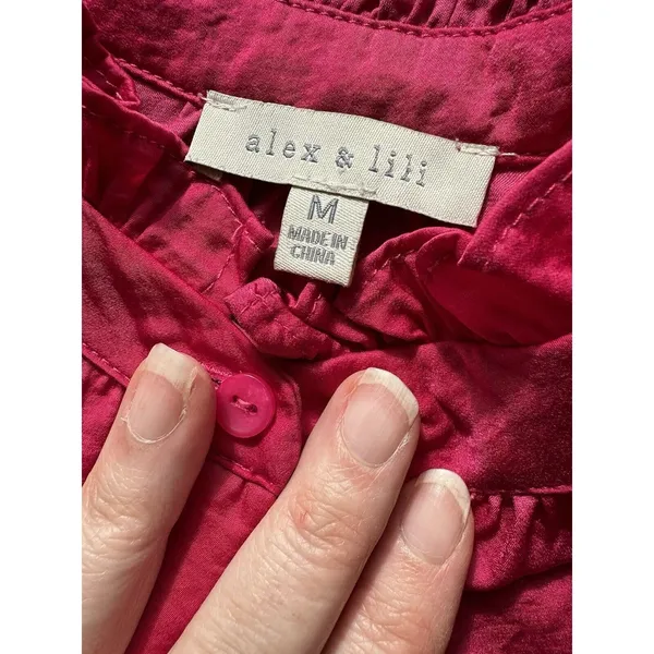 Alex & Lili Short SLV Pullover Silky Blouse Bright Pink High Neck Size Medium - Image 3