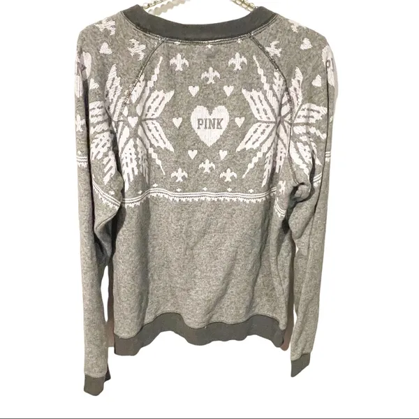 Victoria’s Secret PINK Christmas Winter Sweatshirt Gray‎ Crew Neck snowflake - Image 4