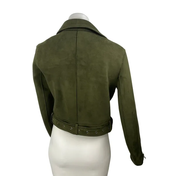 Zara Women's Green Faux Suede Belted Full Zip Crop Moto Biker Coat Jacket Size M - Image 4