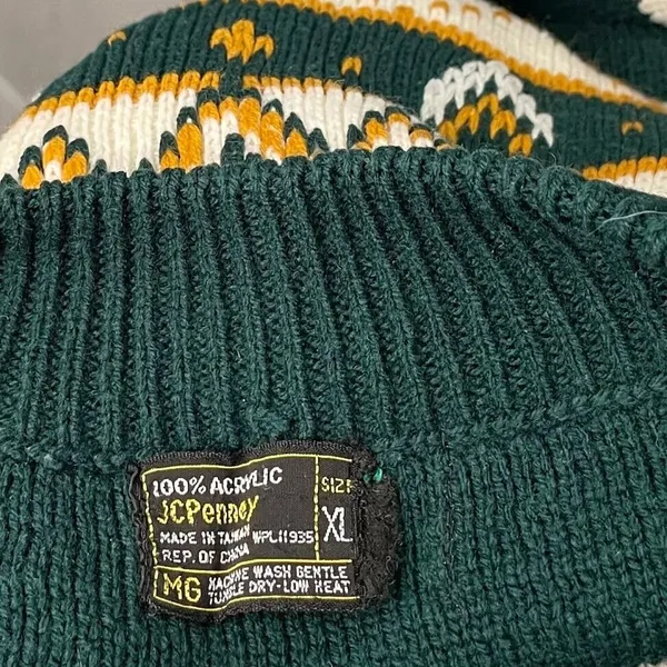 Vintage JCPenney Size XL Green Yellow Sweater Diamond Fair Isle Nordic 70s Retro - Image 5