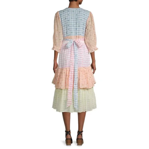 LoveShackFancy Ollie Floral Tiered Cotton Midi Dress Boho Check Size 2 - Image 3