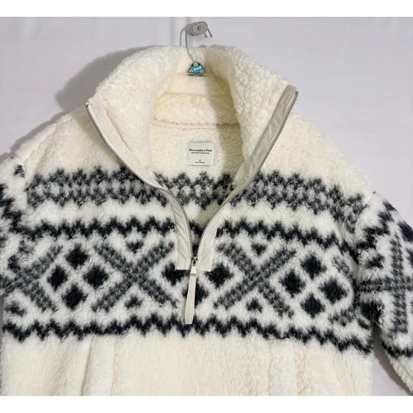 Abercrombie & Fitch Sherpa Fleece Quarter Zip Fair‎ Isle Pullover Cream Small - Image 3