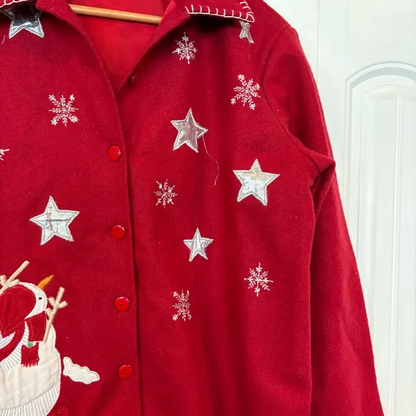 Take Two Red Snowman Button Up Shacket‎ Size Medium - Image 3