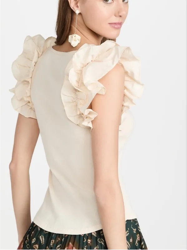 Ulla Johnson Ruffle Sleeve Scoop Neck Tank Top - Cream - Image 2