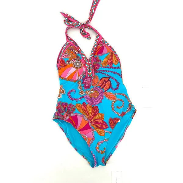 Trina Turk Swimsuit Women 14 Blue Meilani Border Halter Plunge NWT Colorful - Image 2
