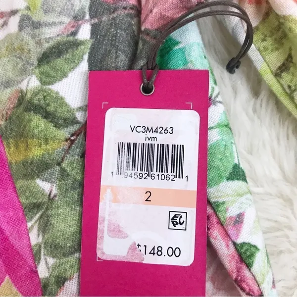VINCE CAMUTO Floral Print Mini Dress Size 2 Pink Green Cotton‎ Linen Tie Waist - Image 9