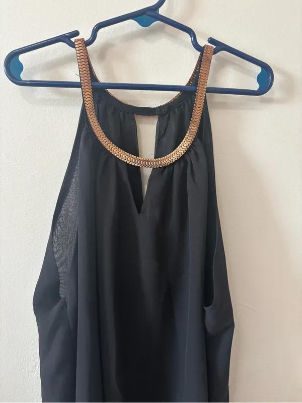 Chocolate Black Chiffon Halter Camisole with Gold Chain Trim - Image 2