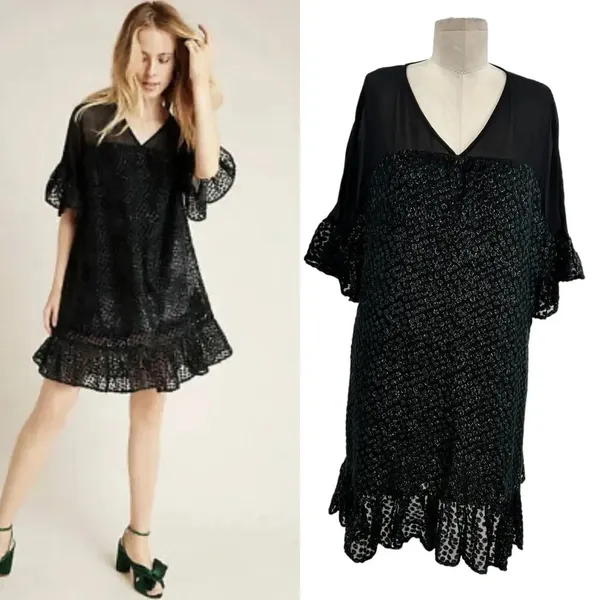 Anthropologie Amadi Lucinda Dress‎ Textured Dot Metallic Black Green Size Large - Image 2