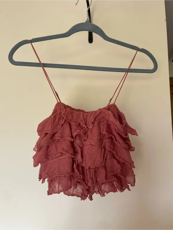 Free People Dusty Rise Pink Bohemian Ruffle Crop Top Small - Image 6