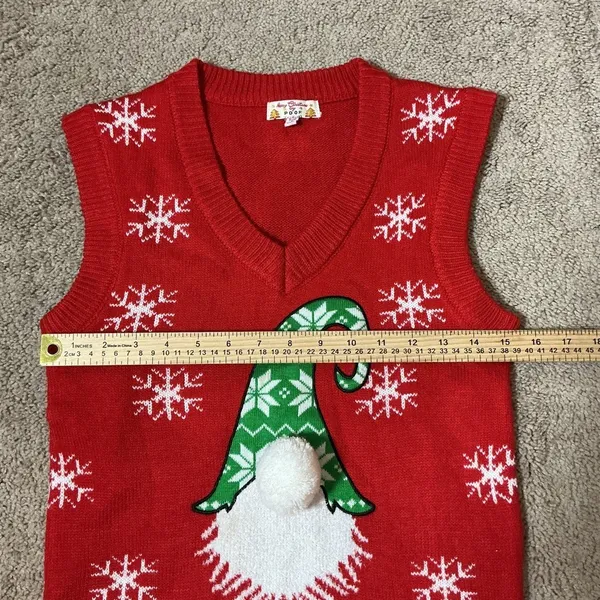 Poof Ugly Christmas Gnome Sweater Vest Womens Small Red Snowflake Pom Pom V-Neck - Image 6