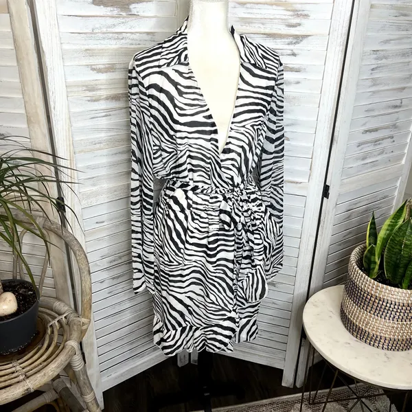 PRINCESS POLLY Women's 10 Marty Long Sleeve Faux Wrap Mini Dress Zebra Belted - Image 4