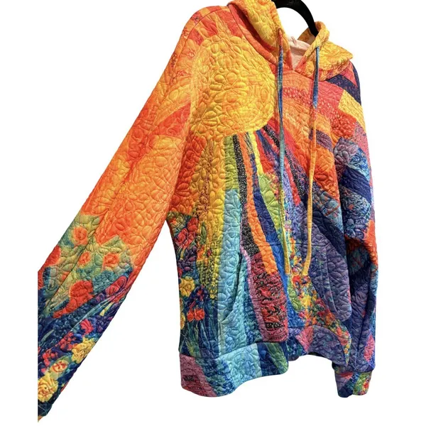 Women’s Sunshine Multicolor Quilted Patchwork Pullover Hoodie Boho Sun Ray XL - Image 5