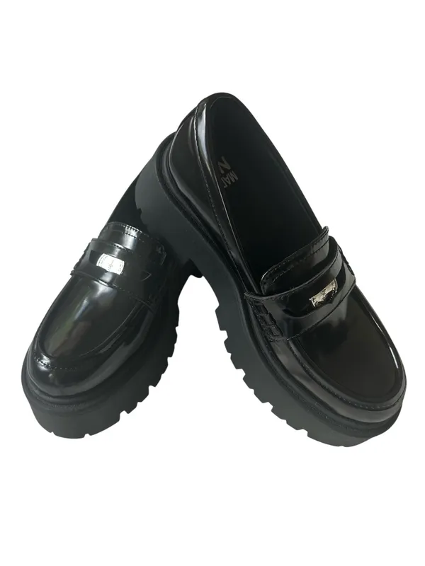 Madden NYC Platform Lug Sole Penny Loafers in shiny black patent finish. - Image 2