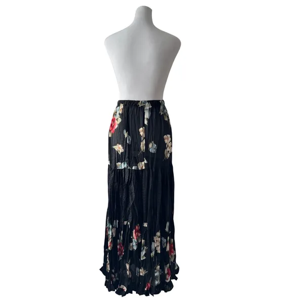 Vintage ‘90s Delah McKay Black Floral Print Semi-Sheer Tiered A-Line Maxi Skirt - Image 8