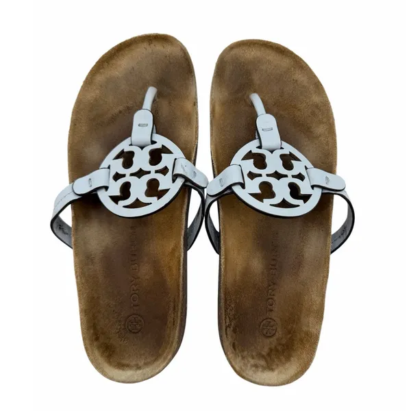 Tory Burch Miller Thong Sandals Light Blue Leather Logo Cork Footbed Women’s 8.5 - Image 2