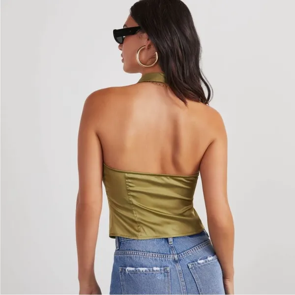 Eliza olive green satin halter top never worn - Image 2