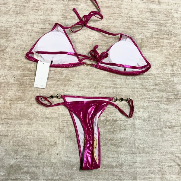 New Fashion Women’s Large Hot Pink Metallic Bikini Swimsuit Thong Rave Festival - Image 7