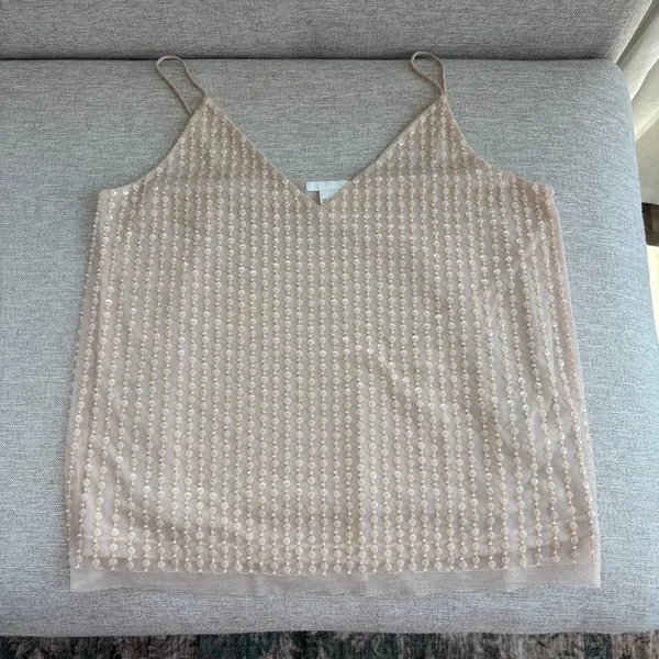 H&M Sequin Tank Top Size 8 Beige Mesh Spaghetti Strap Glam Party Holiday Work - Image 8