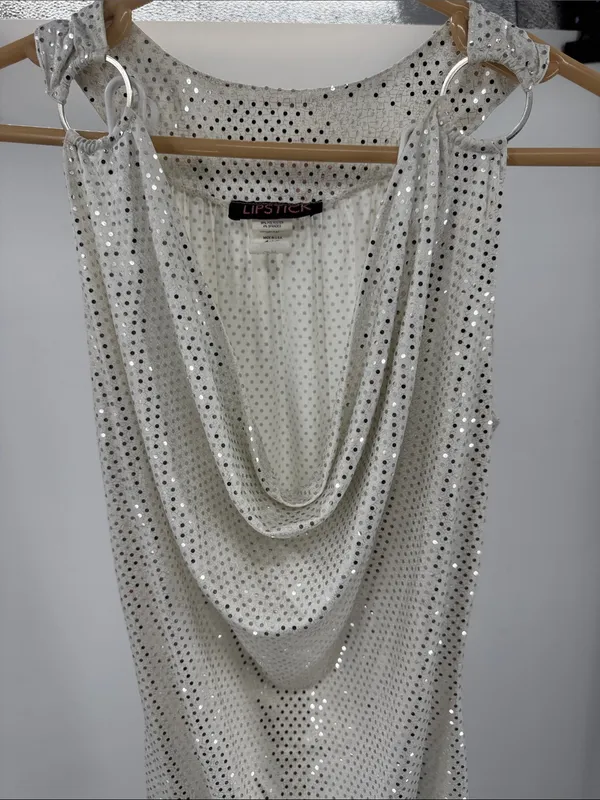 Lipstick Silver Sequin White Sleeveless banded Top ring detail L draped neck Y2K - Image 10