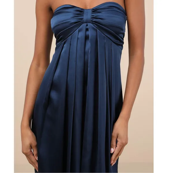 Lulus NWT Memorable Entrance Dark Blue Strapless Satin Pleated Maxi Gown Dress - Image 4
