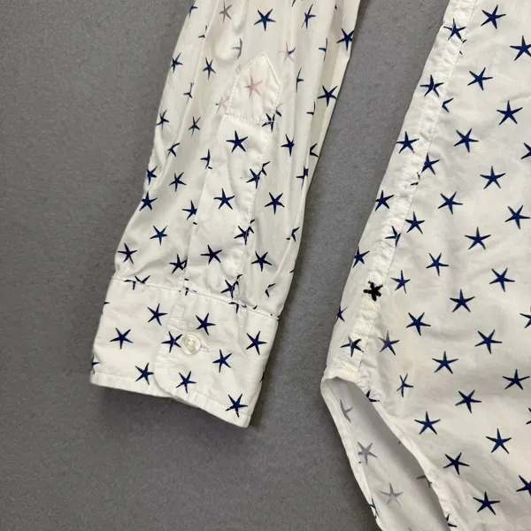 Frank & Eileen Barry White Navy Blue Star Print Cotton Button Down Shirt Small - Image 4